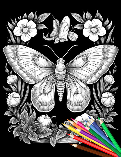 32 Beautiful Moths and Floral Coloring Book for Adults, Grayscale Coloring Page, Printable PDF Instant Download