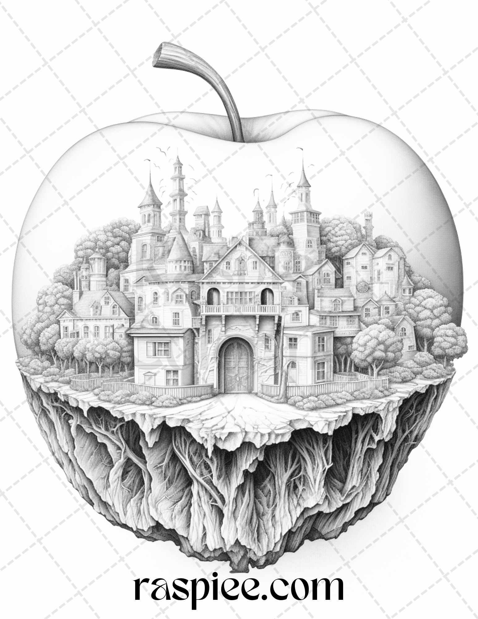 60 Miniworld in the Apple Grayscale Coloring Pages Printable for Adults, PDF File Instant Download