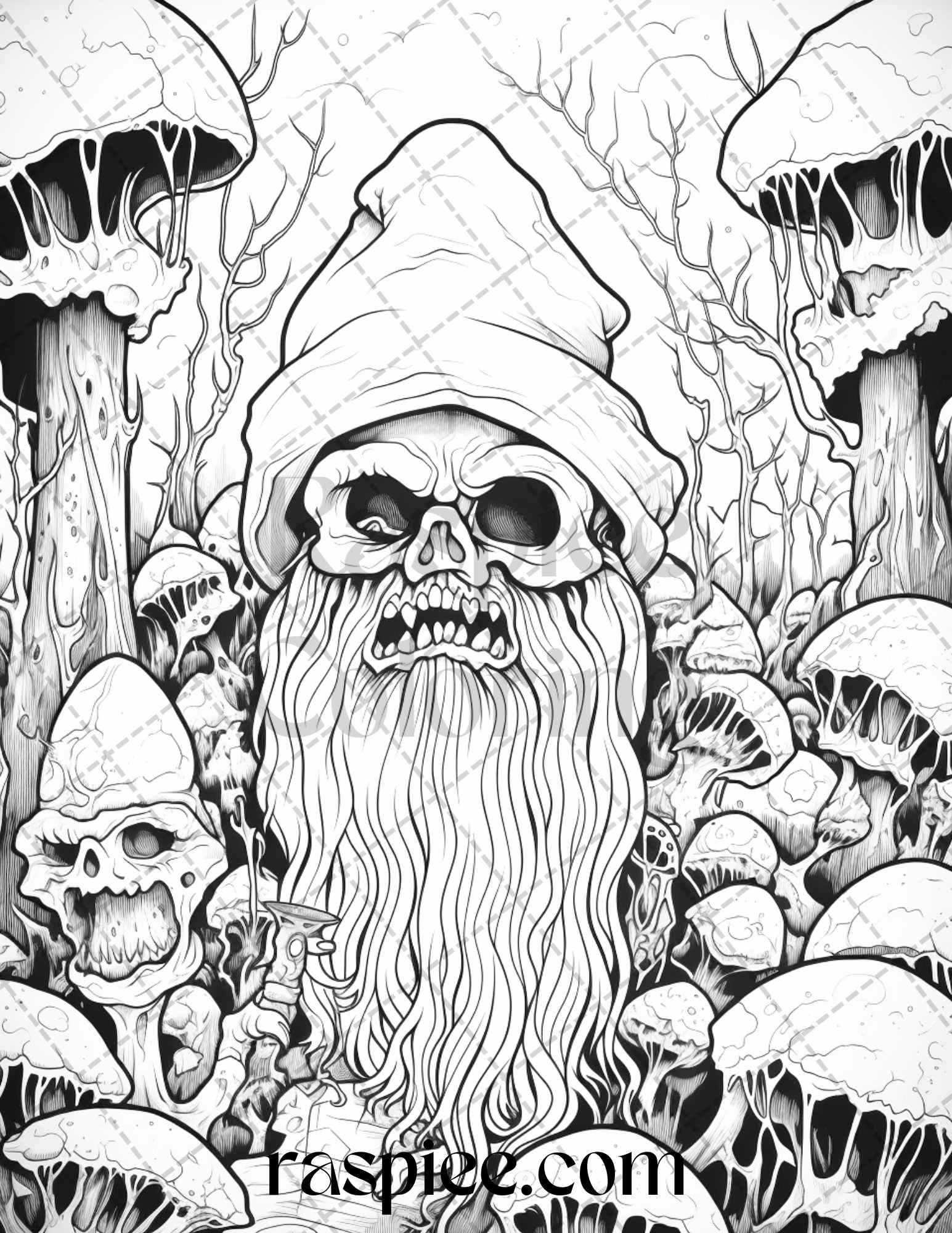 50 Horror Zombie Gnomes Grayscale Coloring Pages Printable for Adults, PDF File Instant Download