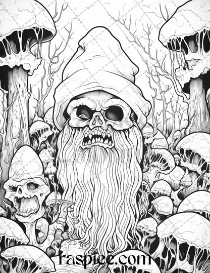50 Horror Zombie Gnomes Grayscale Coloring Pages Printable for Adults, PDF File Instant Download
