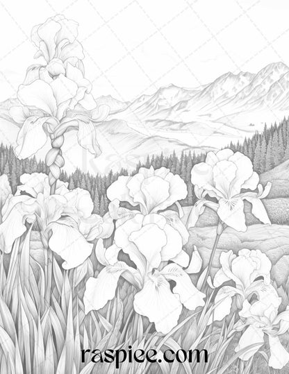 60 Mountain Flower Landscapes Grayscale Coloring Pages Printable for Adults, PDF File Instant Download