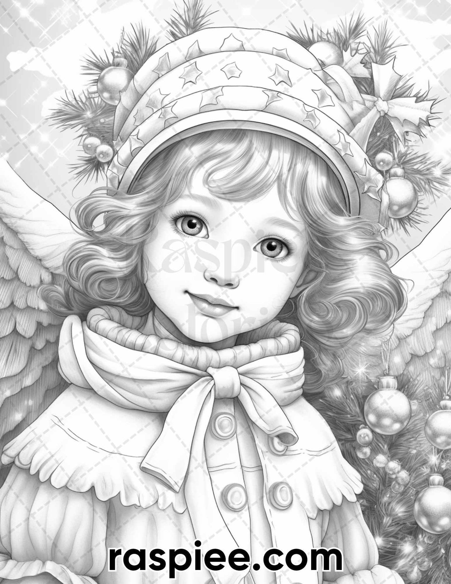55 Christmas Angel Grayscale Coloring Pages for Adults, Printable PDF Instant Download