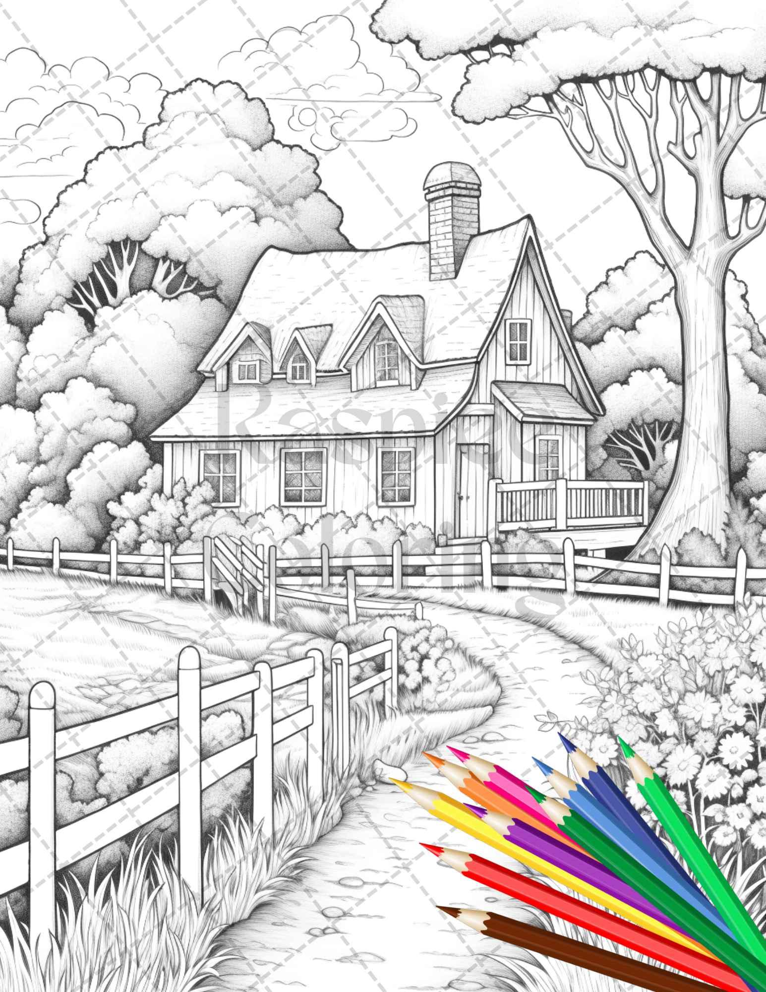 Charming Farmhouse Scenery Grayscale Coloring Pages Printable for Adults, PDF File Instant Download