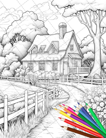 Charming Farmhouse Scenery Grayscale Coloring Pages Printable for Adults, PDF File Instant Download