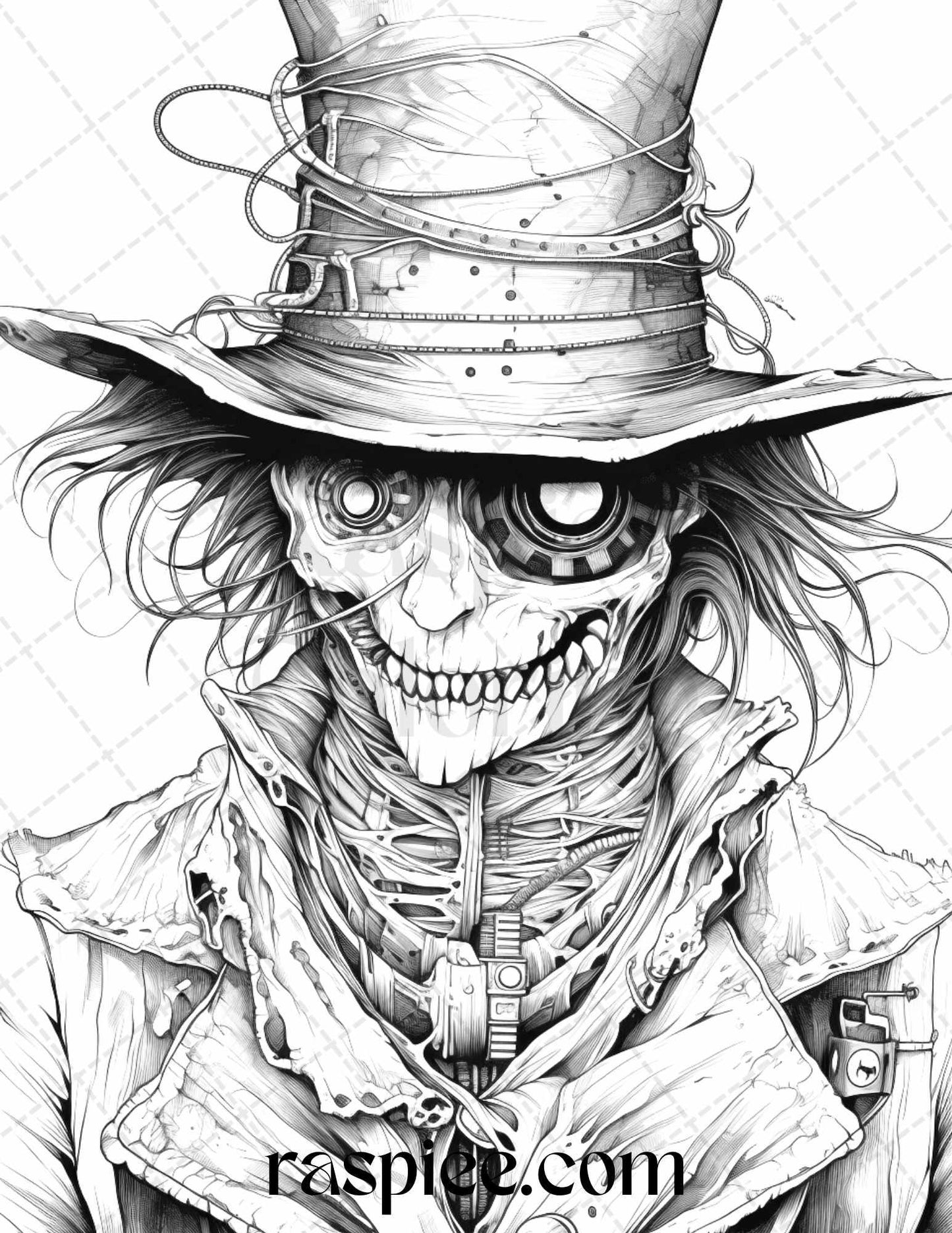 53 Scary Steampunk Scarecrows Grayscale Coloring Pages Printable for Adults, PDF File Instant Download