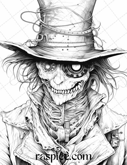 53 Scary Steampunk Scarecrows Grayscale Coloring Pages Printable for Adults, PDF File Instant Download