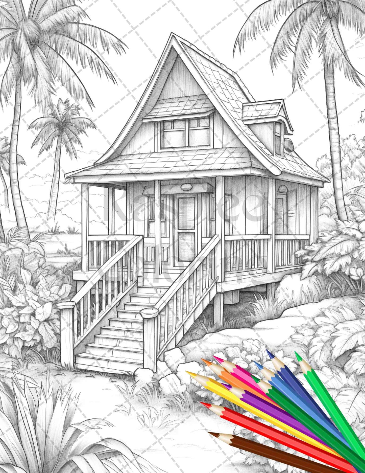 Beautiful Tropical Beach Grayscale Coloring Pages Printable for Adults, PDF File Instant Download