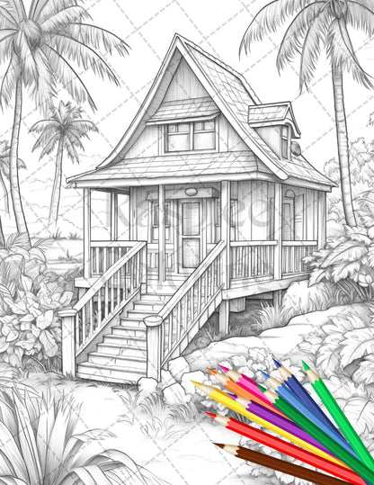 Beautiful Tropical Beach Grayscale Coloring Pages Printable for Adults, PDF File Instant Download