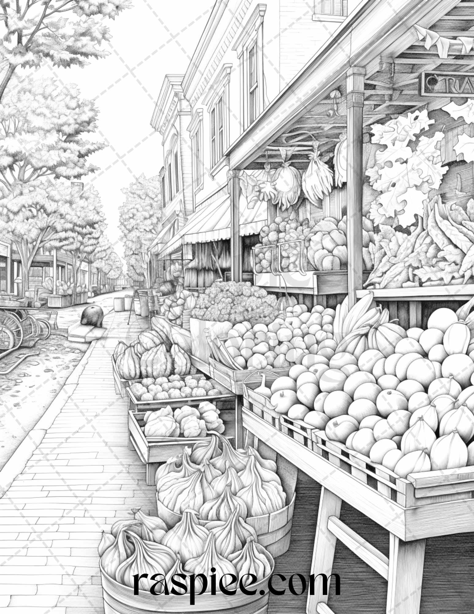 Autumn Street Markets Grayscale Coloring Pages for Adults, Printable PDF File Instant Download