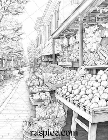 Autumn Street Markets Grayscale Coloring Pages for Adults, Printable PDF File Instant Download