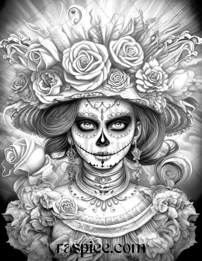 50 Day of the Dead Grayscale Coloring Pages Printable for Adults, PDF File Instant Download