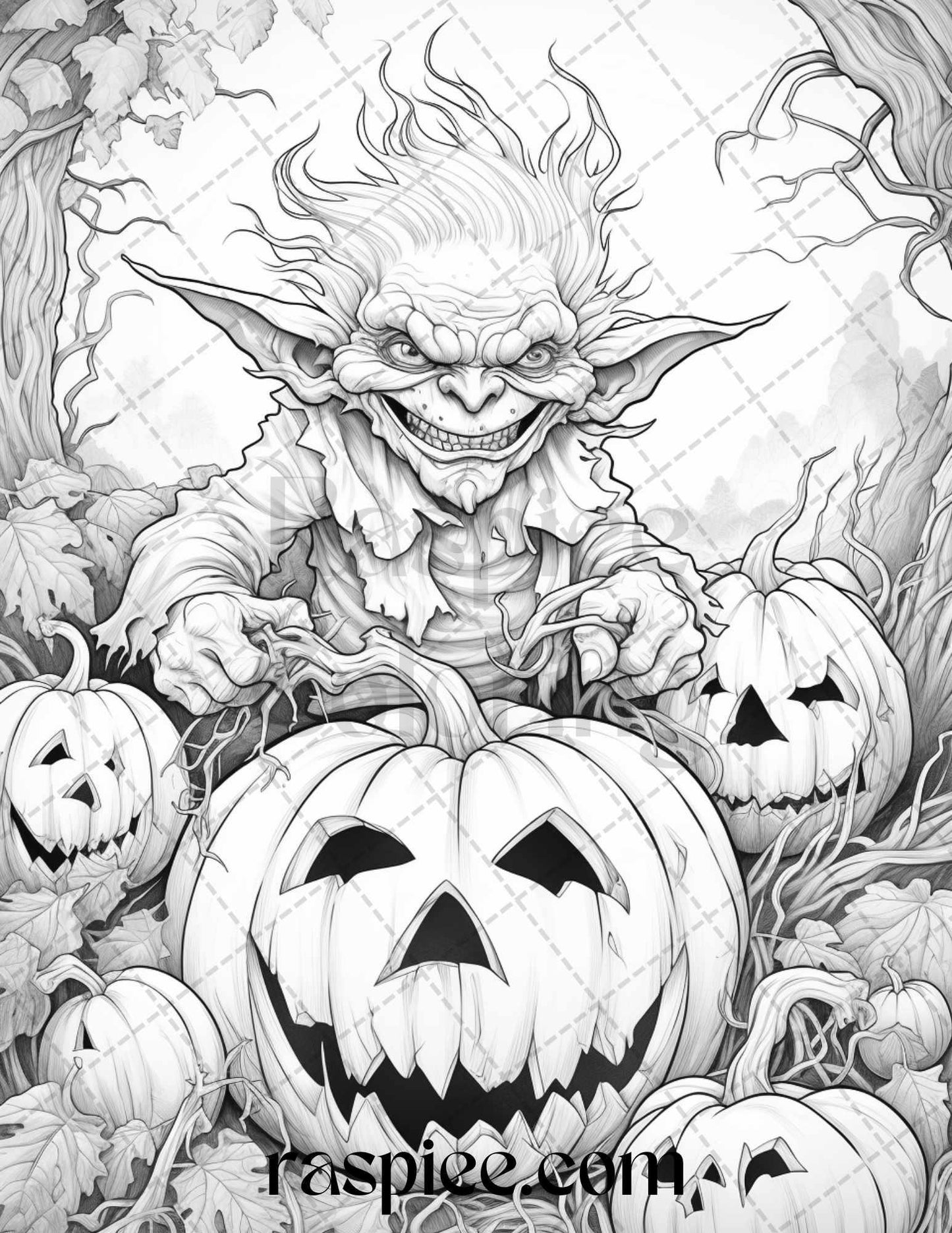 50 Halloween Goblin Grayscale Coloring Pages Printable for Adults, PDF File Instant Download