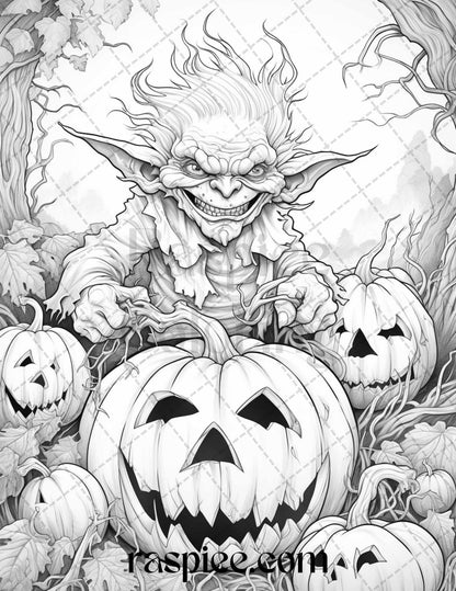 50 Halloween Goblin Grayscale Coloring Pages Printable for Adults, PDF File Instant Download