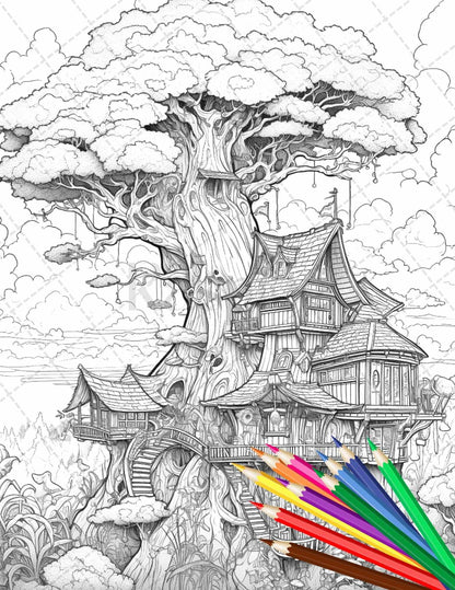 110 Enchanted Treehouse Coloring Book Printable for Adults, Grayscale Coloring Page, PDF File Instant Download