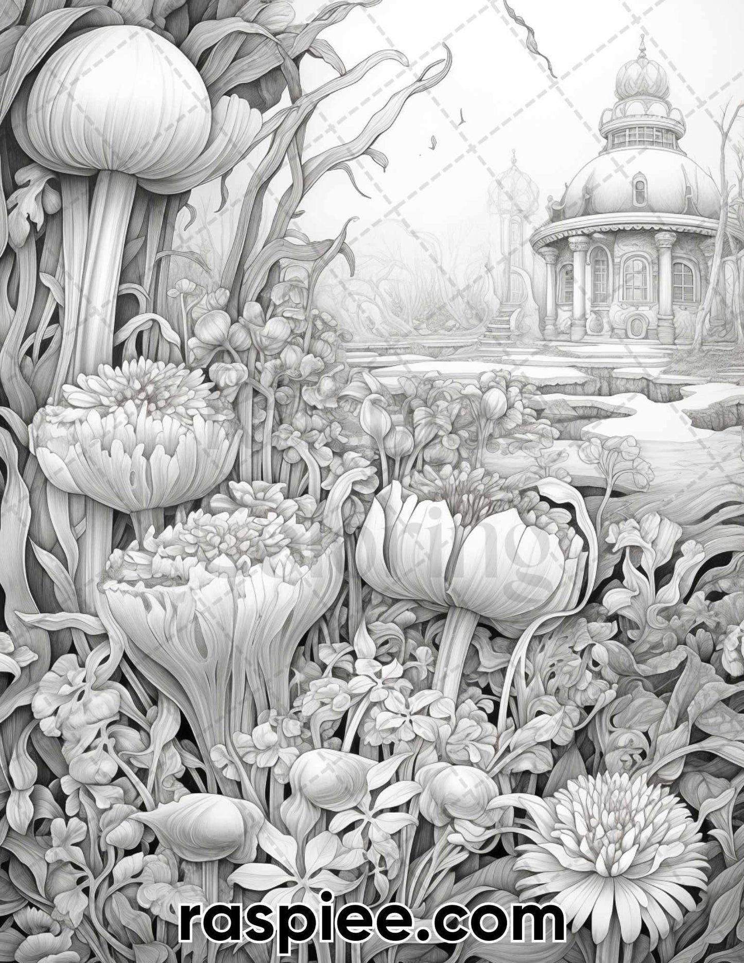 55 Fantasy Flowers Grayscale Coloring Pages for Adults, Printable PDF File Instant Download