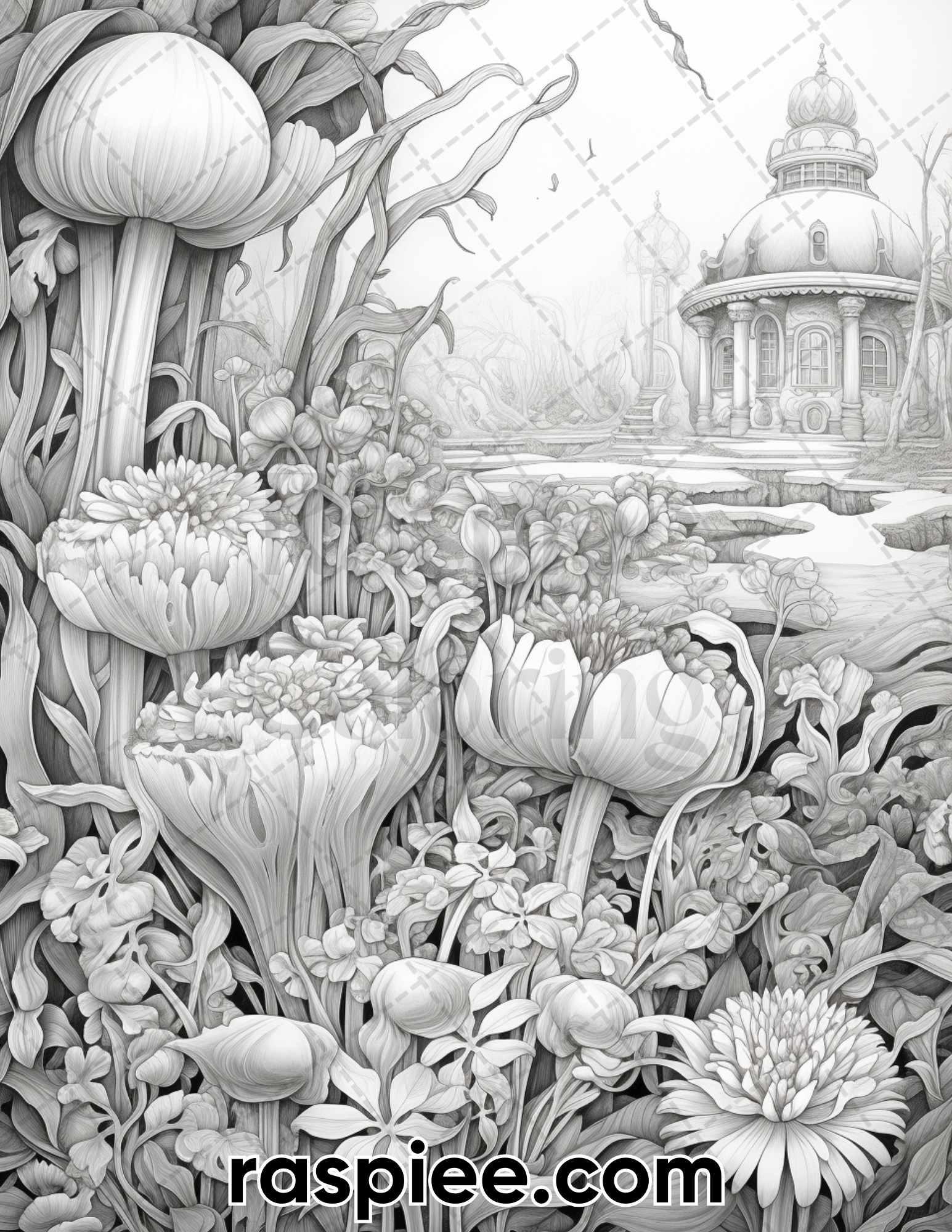 55 Fantasy Flowers Grayscale Coloring Pages for Adults, Printable PDF File Instant Download