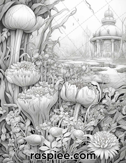 55 Fantasy Flowers Grayscale Coloring Pages for Adults, Printable PDF File Instant Download