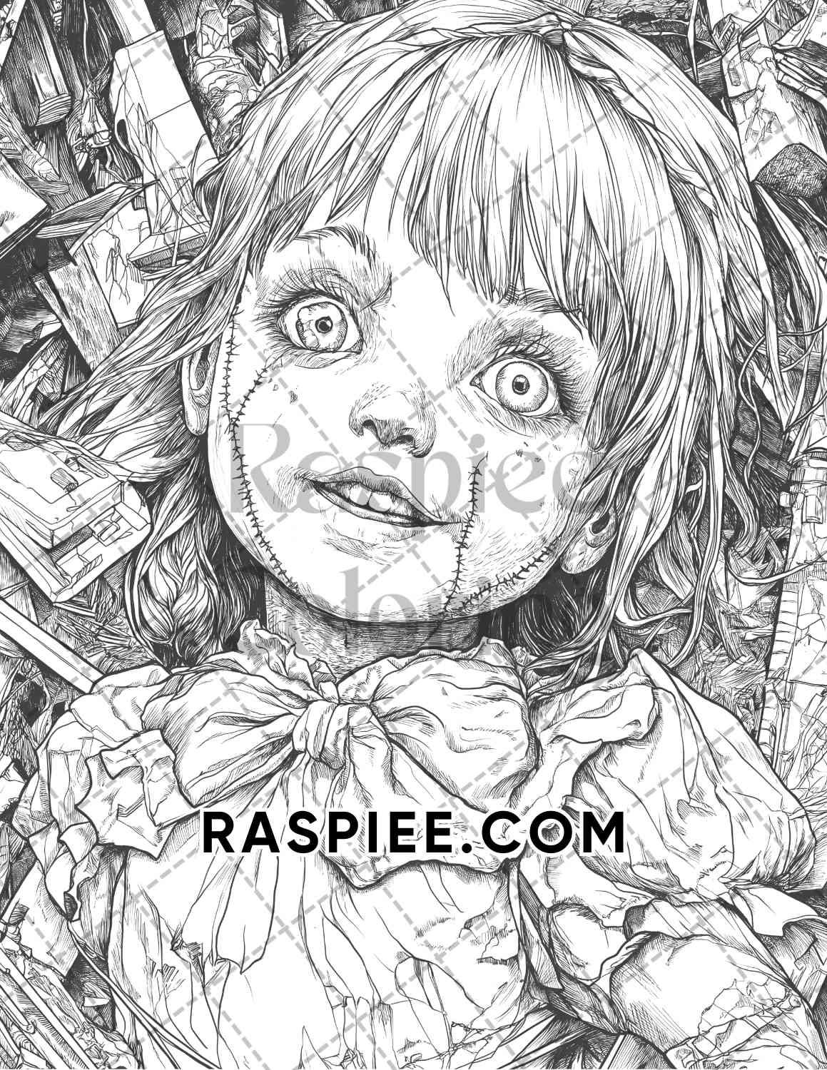 Haunted Dolls Halloween Horror Adult Coloring Pages Printable PDF Instant Download