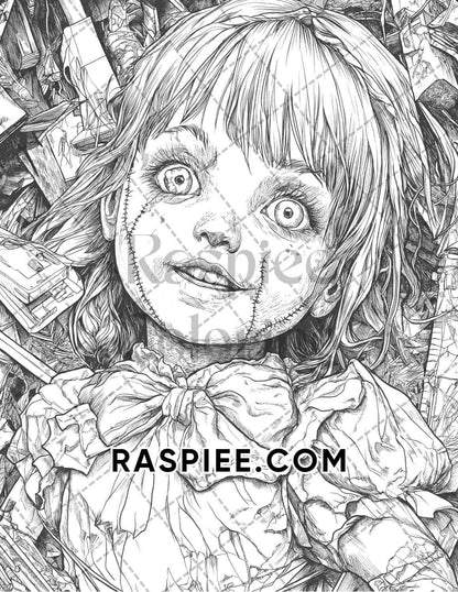 Haunted Dolls Halloween Horror Adult Coloring Pages Printable PDF Instant Download