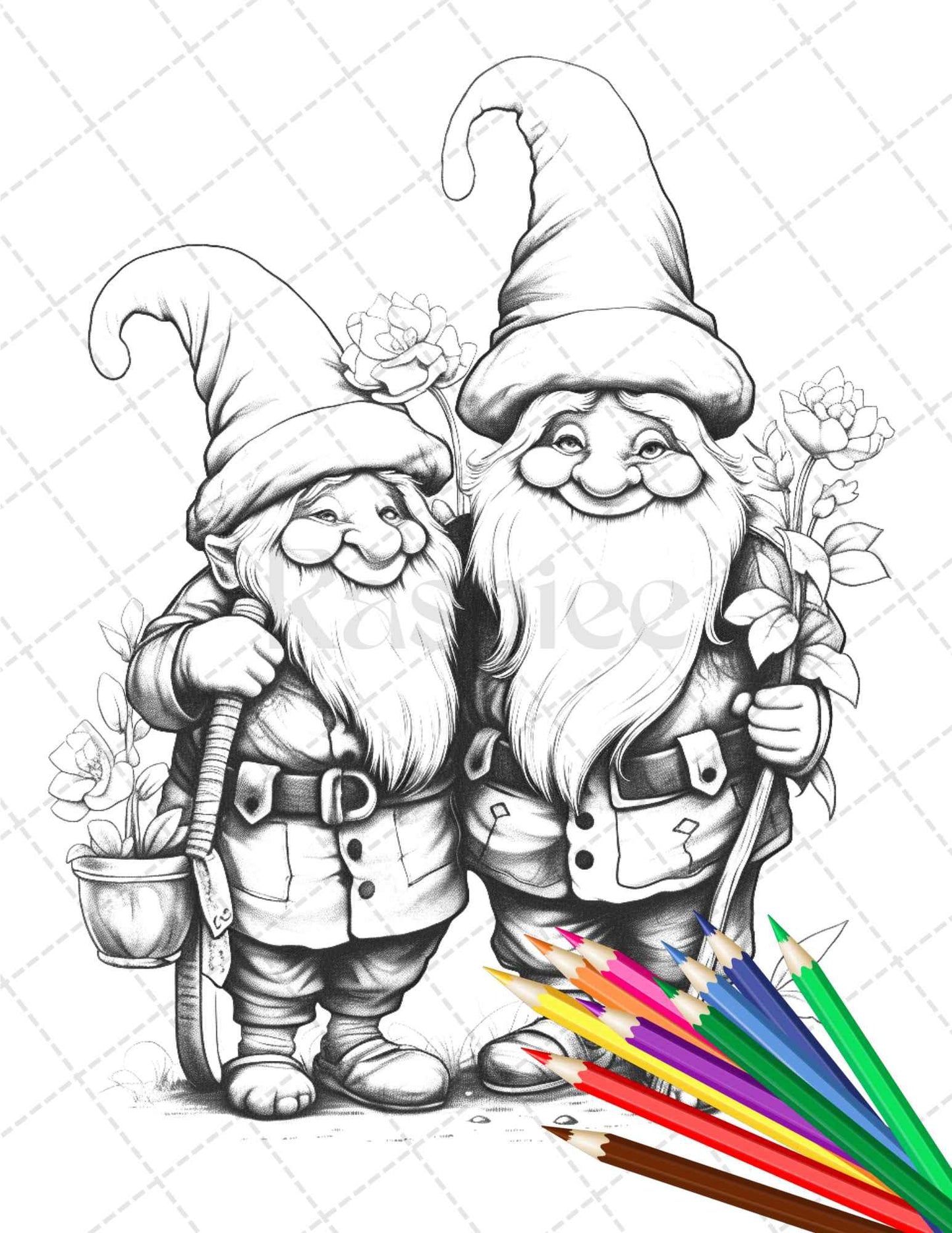 33 Gnome Love Coloring Pages Printable for Adults, Grayscale Coloring Page, PDF File Instant Download