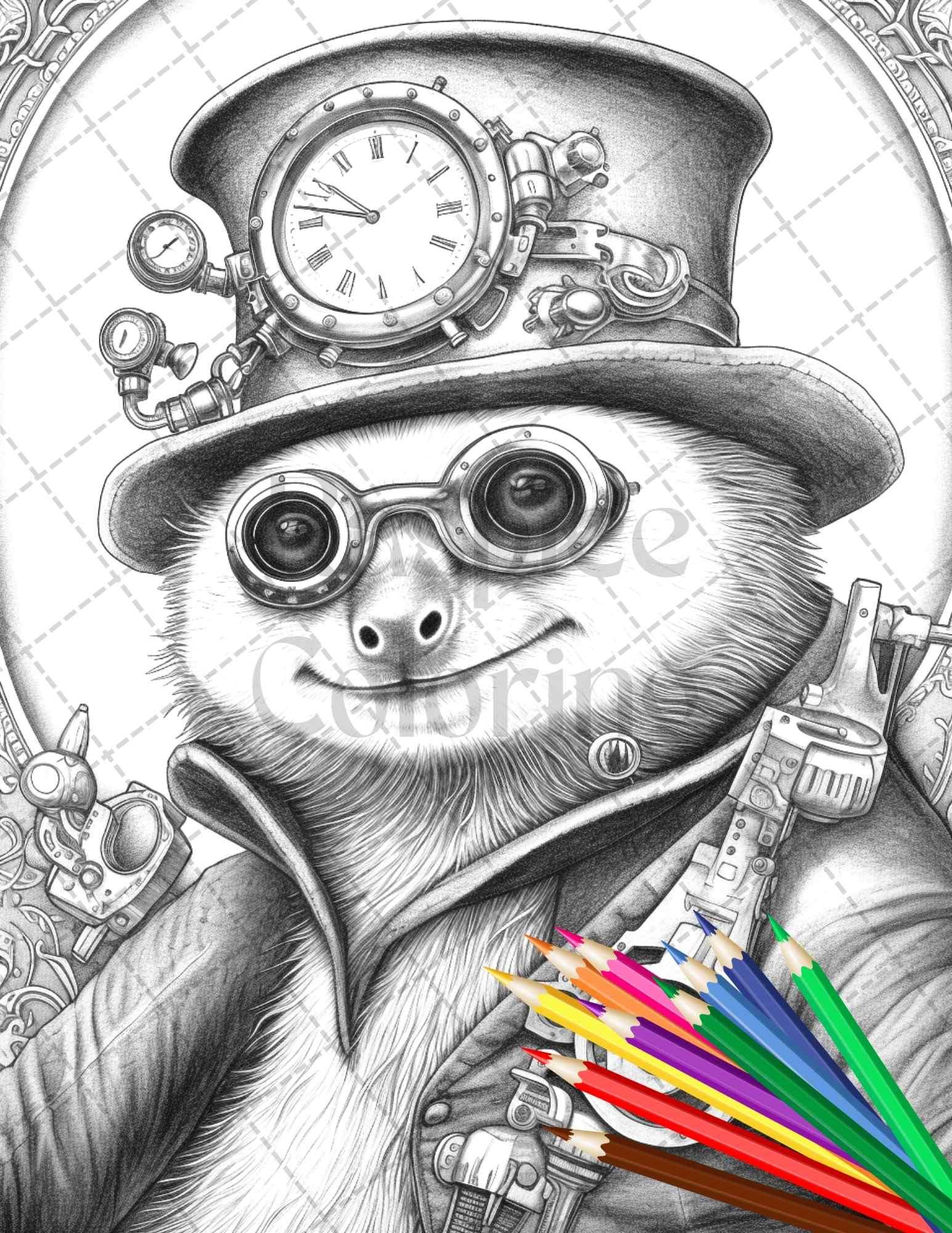 60 Steampunk Animals Grayscale Coloring Pages Printable for Adults, PDF File Instant Download