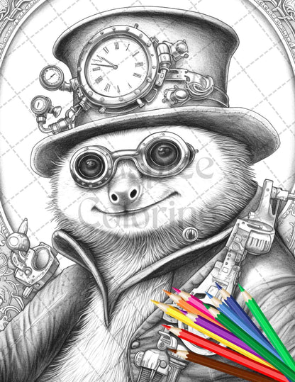60 Steampunk Animals Grayscale Coloring Pages Printable for Adults, PDF File Instant Download