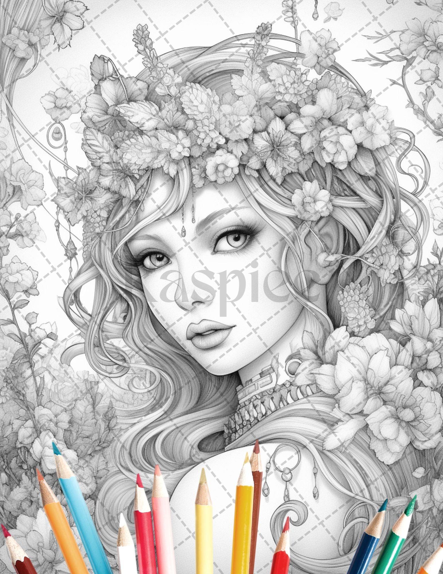 35 Beautiful Printable Elf Girls Coloring Book for Adults, Grayscale Coloring Page, PDF File Instant Download