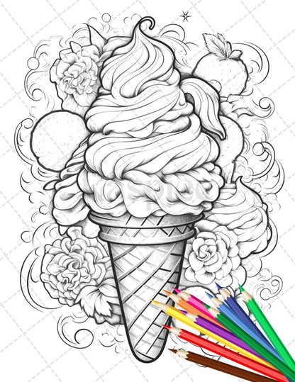 52 Printable Ice Cream Desserts Coloring Pages for Adults and Kids, Grayscale Coloring Page, PDF File Instant Download