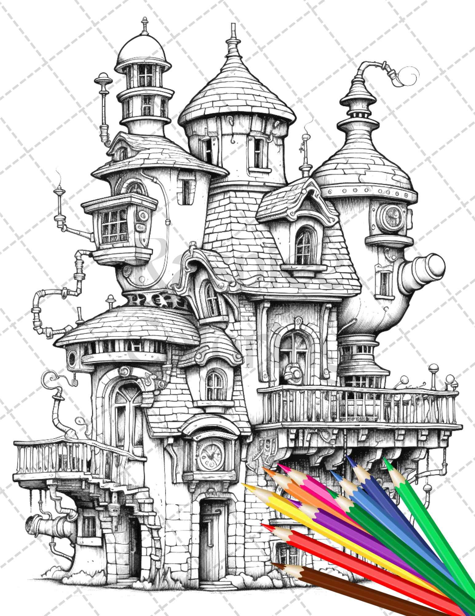 50 Steampunk Houses Grayscale Coloring Pages Printable for Adults, PDF File Instant Download