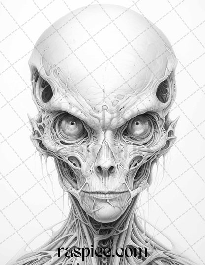 65 Alien Portrait Grayscale Coloring Pages for Adults, Printable PDF File Instant Download