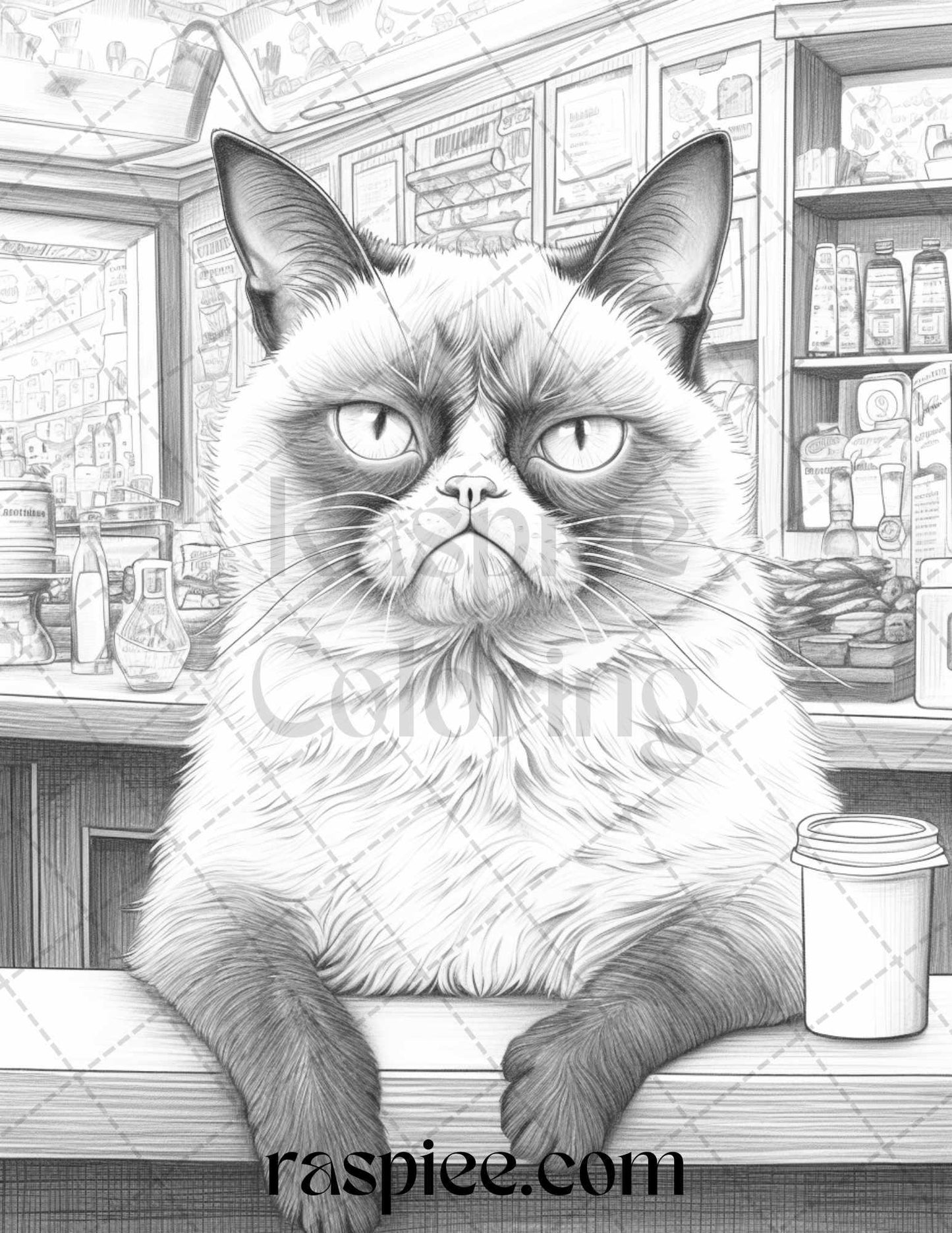 50 Grumpy Cat Grayscale Coloring Pages Printable for Adults, PDF File Instant Download