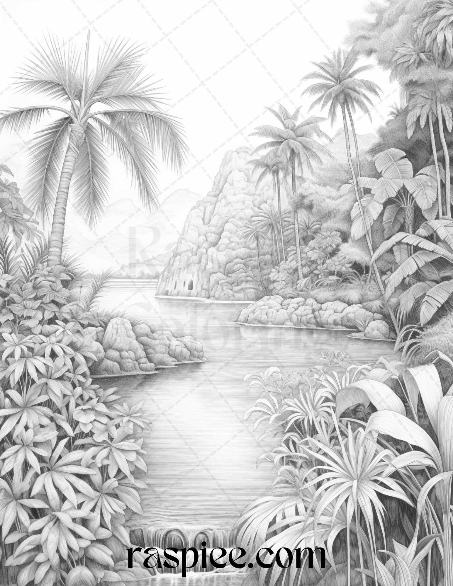 52 Tropical Oasis Grayscale Coloring Pages Printable for Adults, PDF File Instant Download