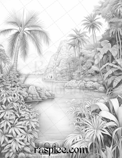 52 Tropical Oasis Grayscale Coloring Pages Printable for Adults, PDF File Instant Download