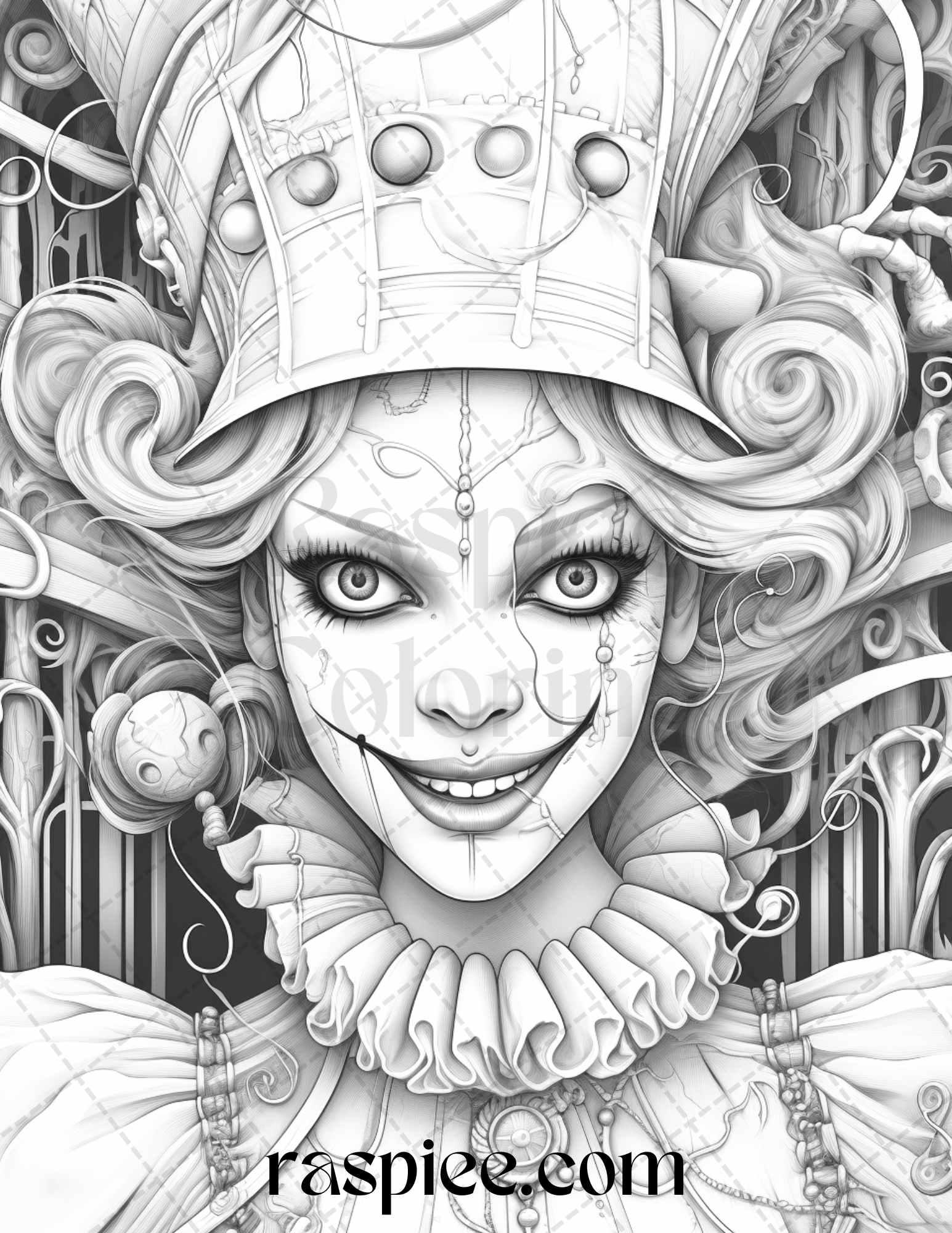 50 Scary Clown Girls Grayscale Coloring Pages Printable for Adults, PDF File Instant Download