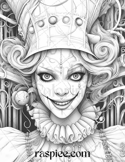 50 Scary Clown Girls Grayscale Coloring Pages Printable for Adults, PDF File Instant Download