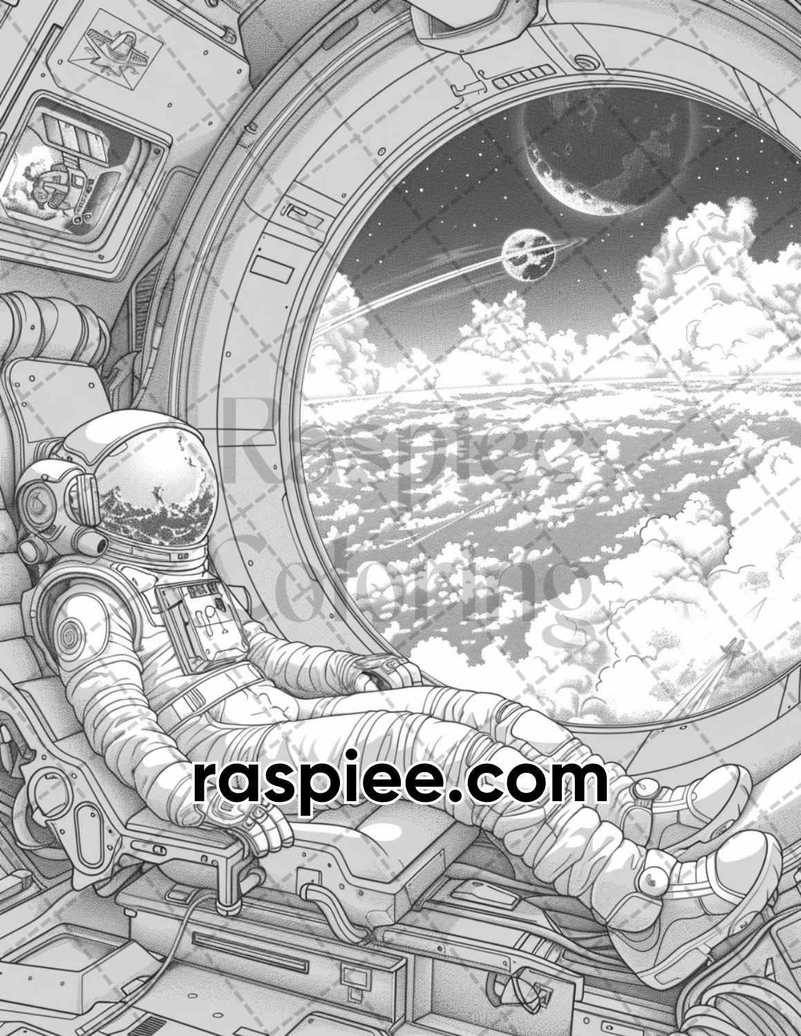 65 Fantasy Astronaut Grayscale Adult Coloring Pages, Printable PDF Instant Download