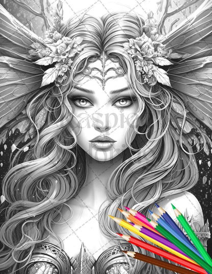 Beautiful Dark Fairy Grayscale Coloring Pages Printable for Adults, PDF File Instant Download