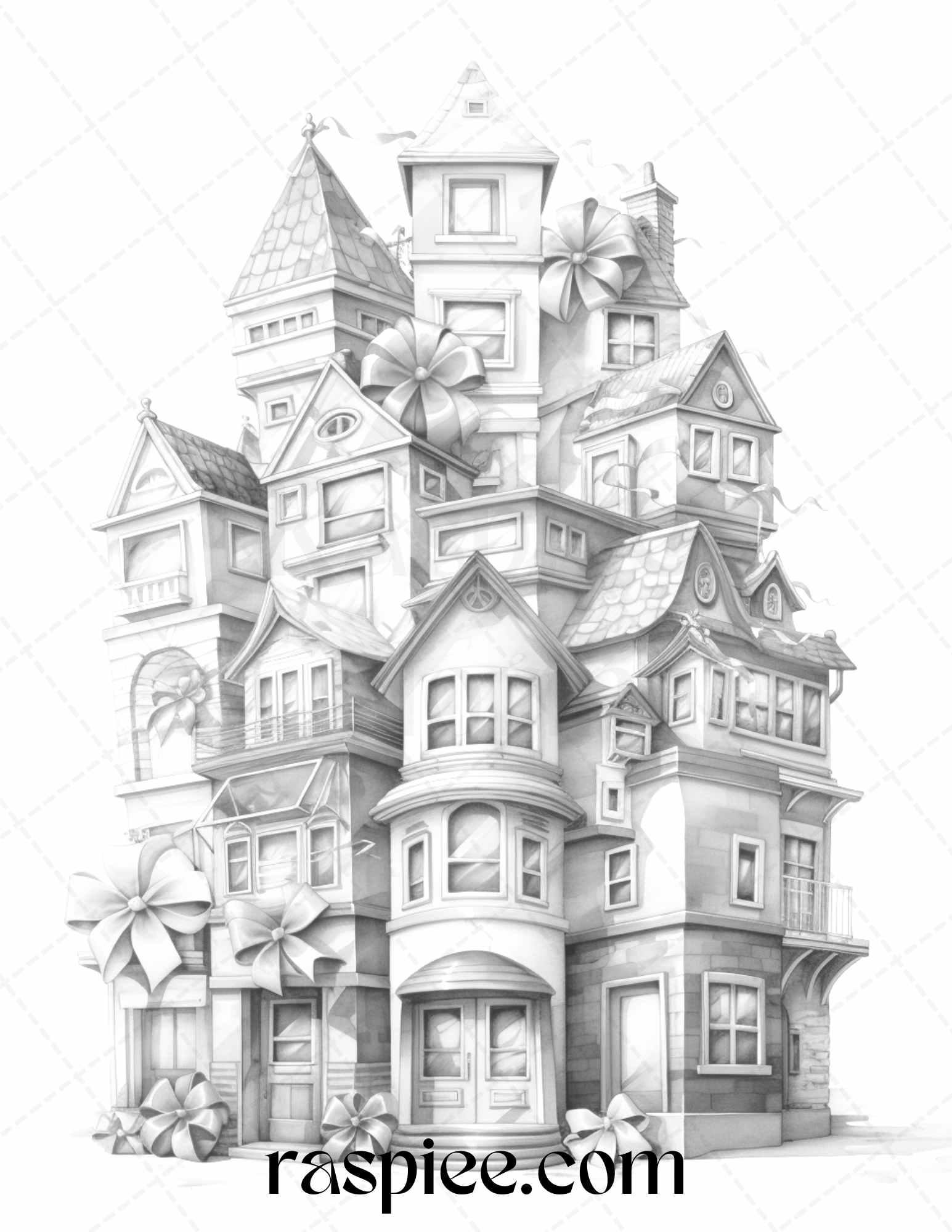 40 Adorable Gift Box Houses Grayscale Coloring Pages Printable for Adults Kids, PDF File Instant Download