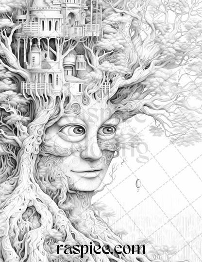 60 Enchanting Surrealism Grayscale Coloring Pages Printable for Adults, PDF File Instant Download