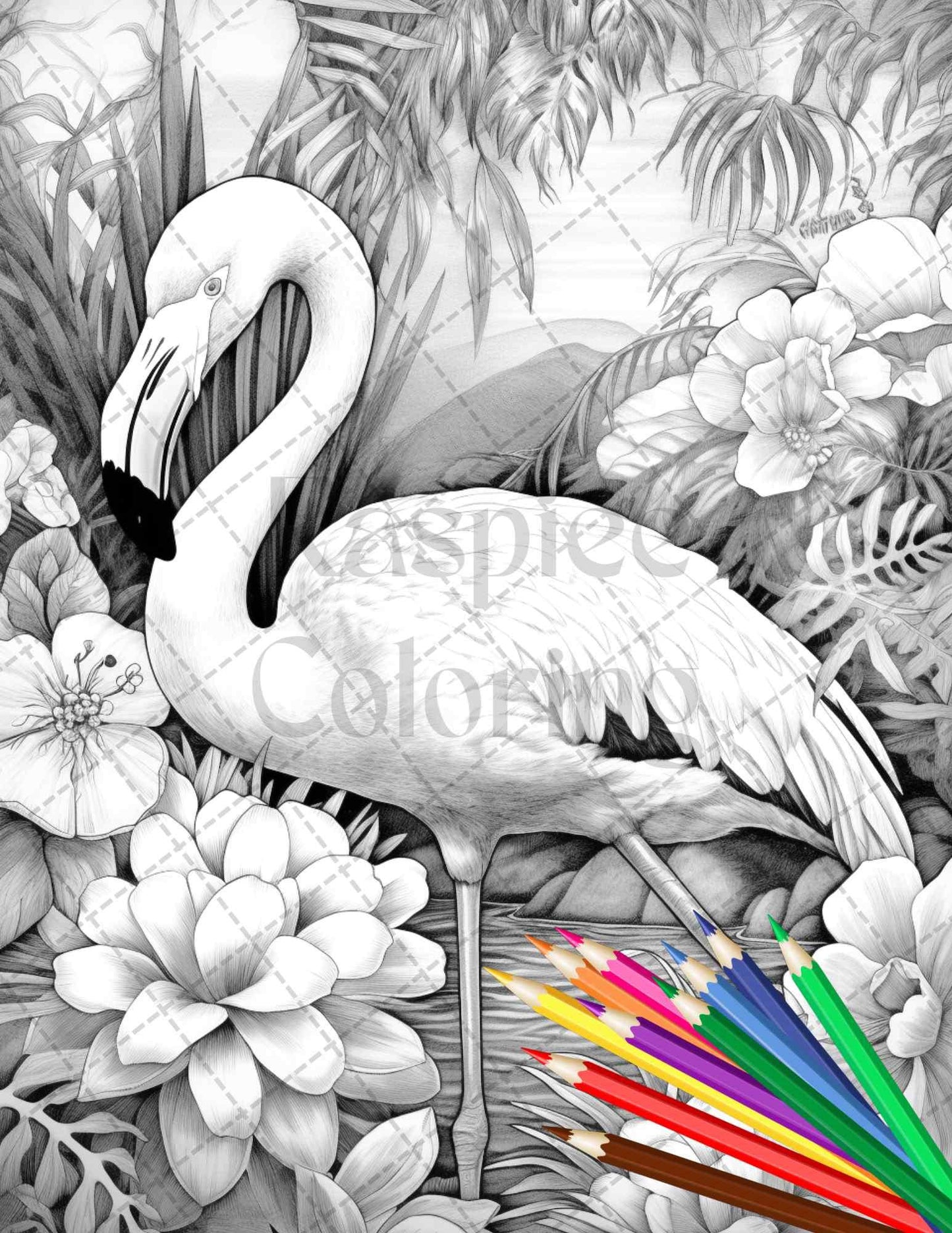 Flamingo Oasis Grayscale Coloring Pages Printable for Adults, PDF File Instant Download