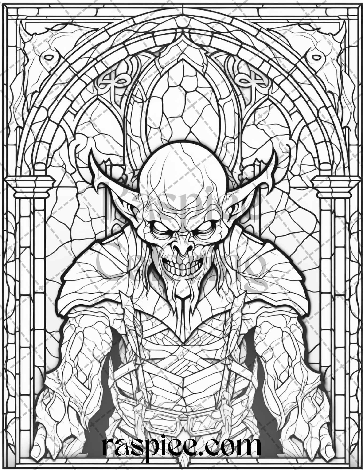 70 Halloween Stained Glass Grayscale Coloring Pages Printable for Adults, PDF File Instant Download