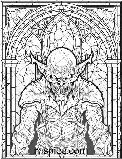 70 Halloween Stained Glass Grayscale Coloring Pages Printable for Adults, PDF File Instant Download