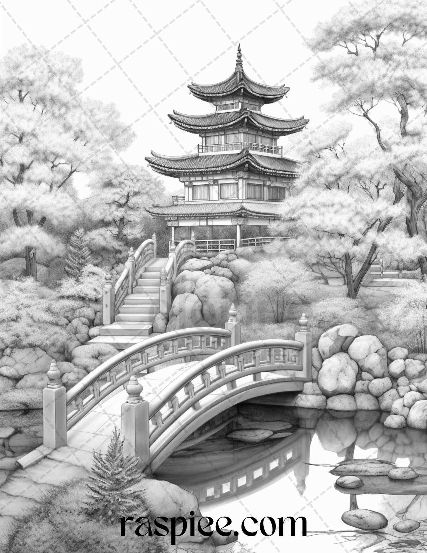 Japanese Garden Grayscale Coloring Pages Printable for Adults, PDF File Instant Download