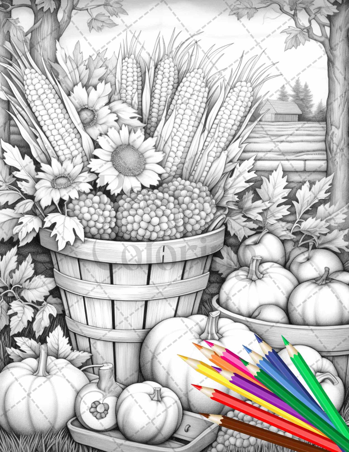Autumn Harvest Grayscale Coloring Pages Printable for Adults, Relaxing Fall Themed Art, PDF File Instant Download
