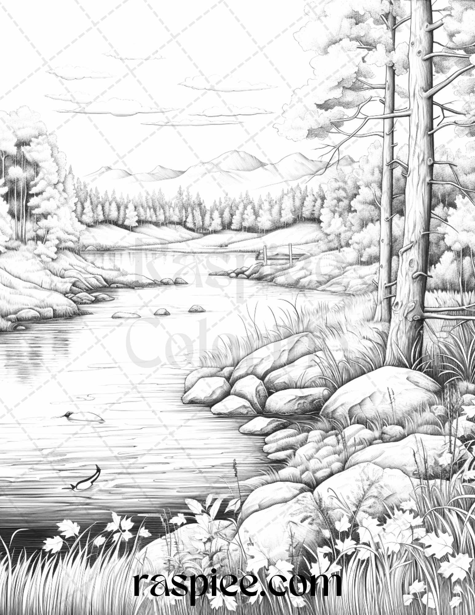Autumn Scenery Grayscale Coloring Pages Printable for Adults, PDF File Instant Download