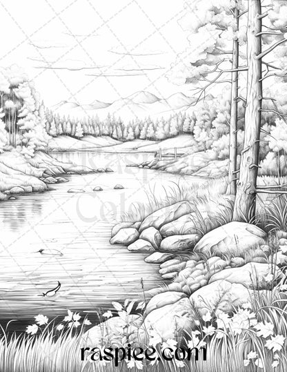 Autumn Scenery Grayscale Coloring Pages Printable for Adults, PDF File Instant Download