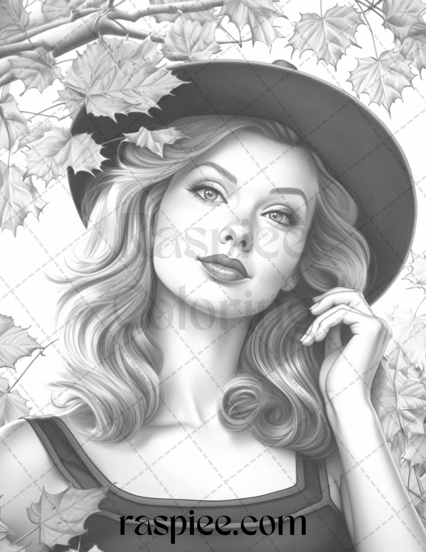 55 Autumn Pin Up Girls Grayscale Coloring Pages Printable for Adults, PDF File Instant Download