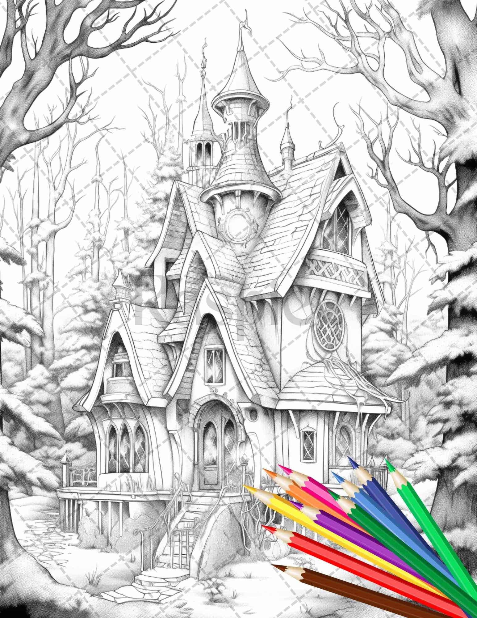 63 Winter Fairy Houses Grayscale Coloring Pages Printable for Adults, PDF File Instant Download