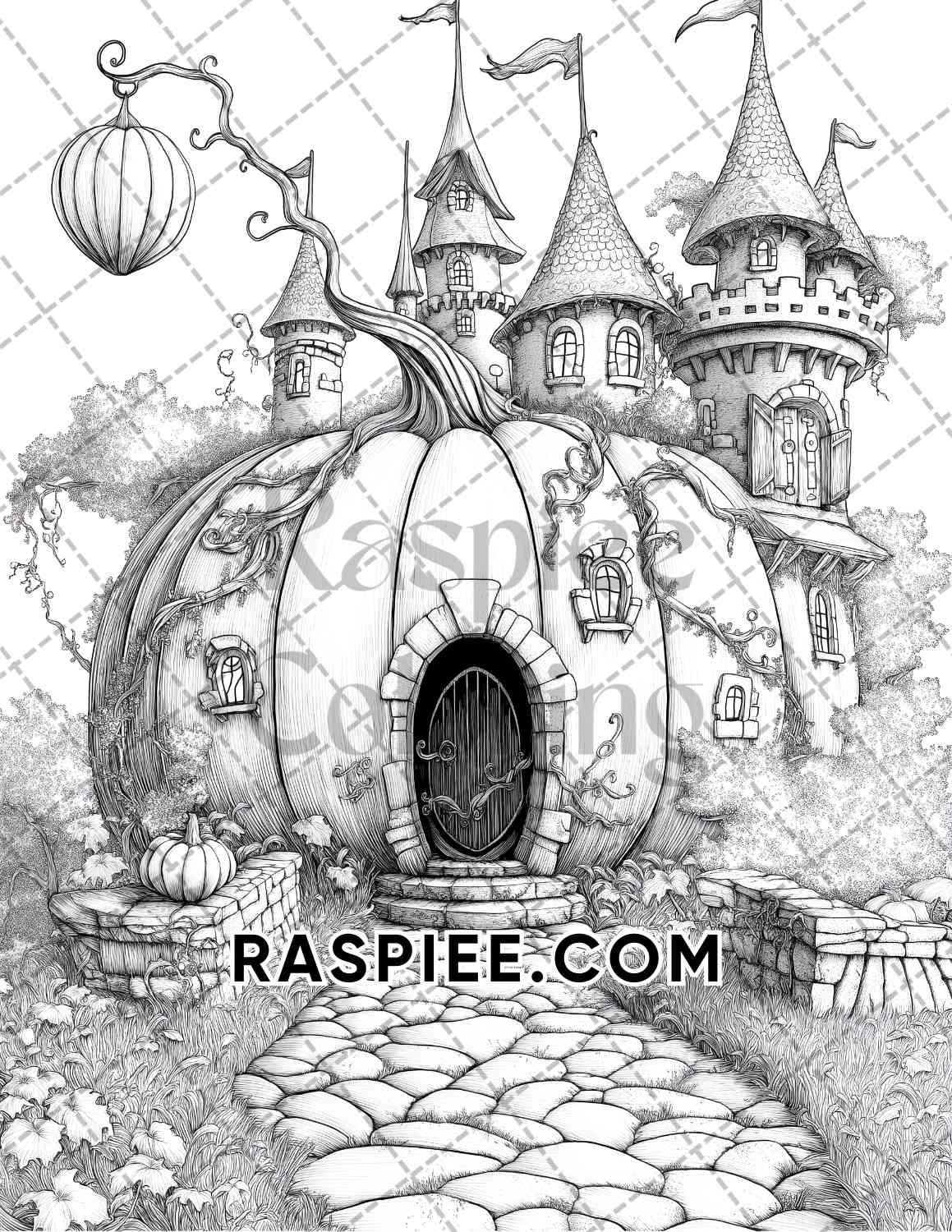 Fantasy Giant Pumpkin Castles Adult Coloring Pages Printable PDF Instant Download