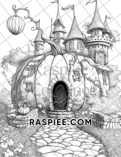 Fantasy Giant Pumpkin Castles Adult Coloring Pages Printable PDF Instant Download